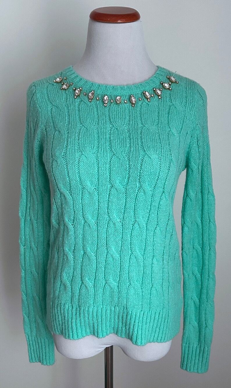 Lilly Pulitzer Dario Cable Knit Sweater Surf Blue / Teal, Rhinestone Accents, XS